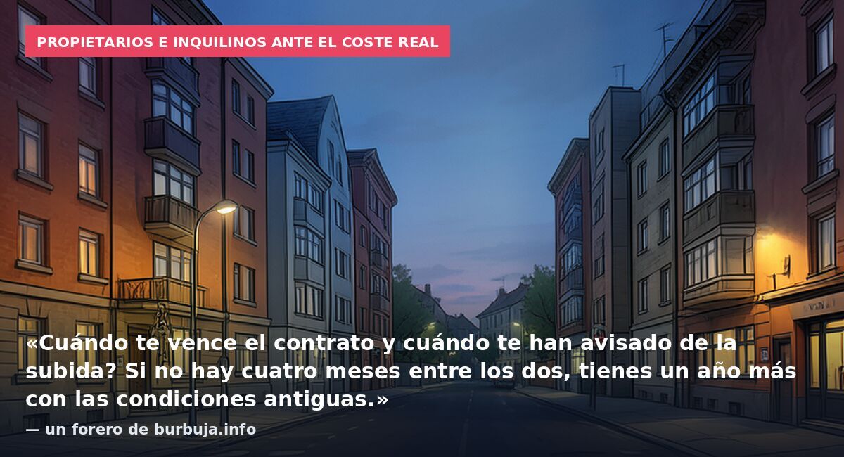 Propietarios e inquilinos ante el coste real: «Cuándo te vence el contrato y cuándo te han avisado de la subida? Si no hay cuatro meses entre los dos, tienes un año más con las condiciones antiguas.» — un forero de burbuja.info
