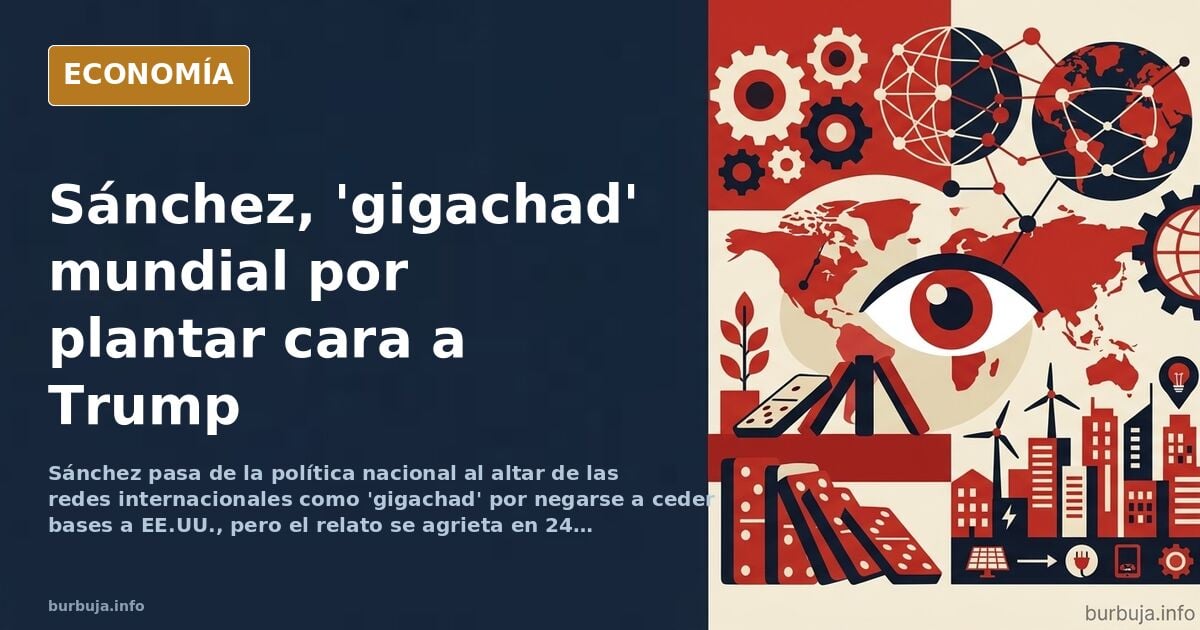 Ilustración editorial de un líder político español ante una bandera de España y un teléfono móvil con reacciones internaciona
