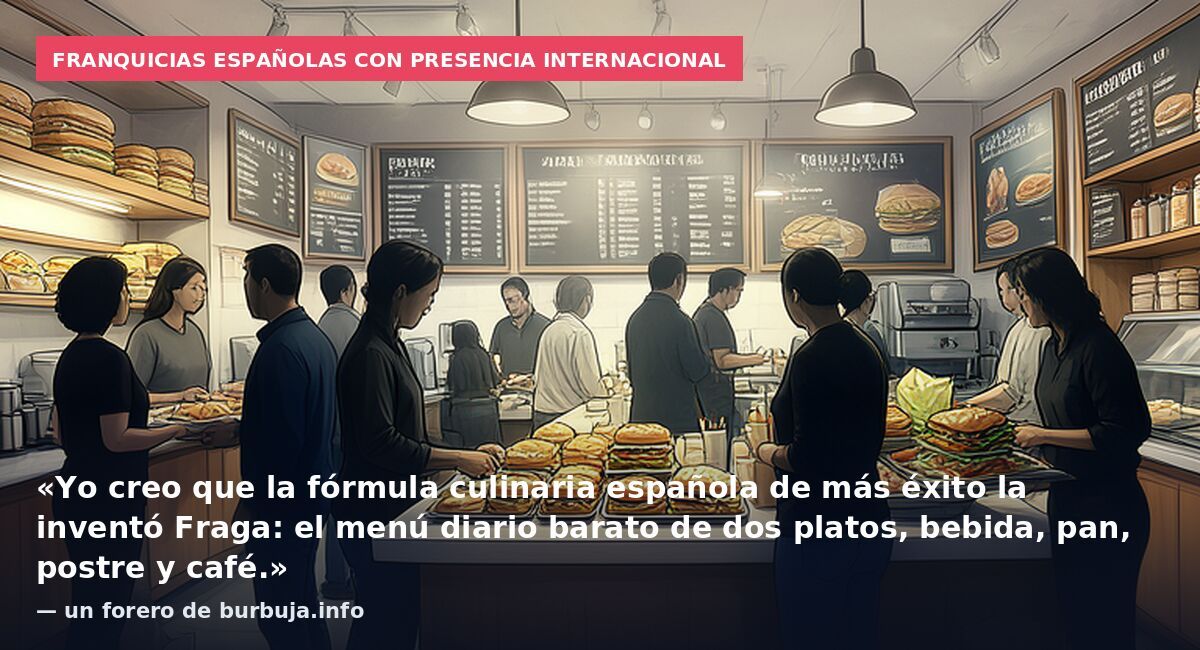 Franquicias españolas con presencia internacional: «Yo creo que la fórmula culinaria española de más éxito la inventó Fraga: el menú diario barato de dos platos, bebida, pan, postre y café.» — un forero de burbuja.info
