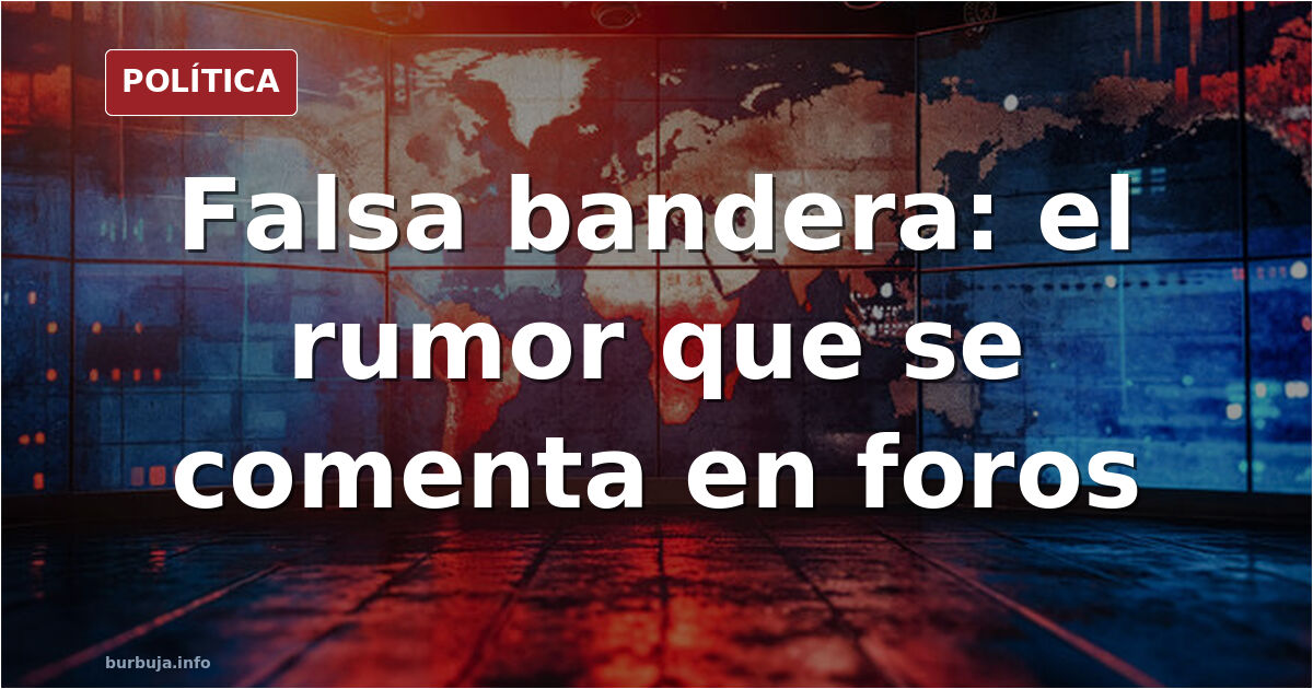 Ilustración editorial sobre falsa bandera con un buque de guerra, una granja y un mapa de Oriente Medio en tonos rojos y azul