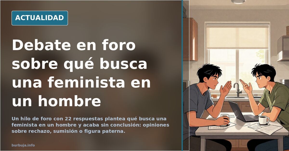 Ilustración editorial de un grupo de personas debatiendo en un foro digital sobre feminismo y relaciones de pareja