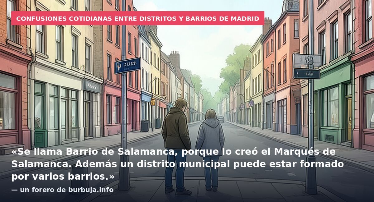 Confusiones cotidianas entre distritos y barrios de Madrid: «Se llama Barrio de Salamanca, porque lo creó el Marqués de Salamanca. Además un distrito municipal puede estar formado por varios barrios.» — un forero de burbuja.info