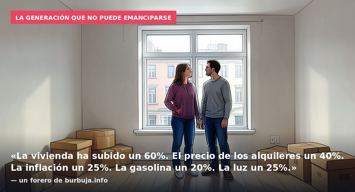 La generación que no puede emanciparse: «La vivienda ha subido un 60%. El precio de los alquileres un 40%. La inflación un 25%. La gasolina un 20%. La luz un 25%.» — un forero de burbuja.info
