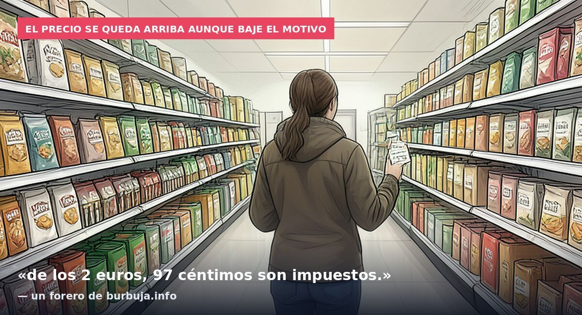 El precio se queda arriba aunque baje el motivo: «de los 2 euros, 97 céntimos son impuestos.» — un forero de burbuja.info