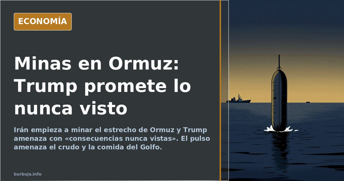 Ilustración editorial de un petrolero navegando entre minas en el estrecho de Ormuz bajo amenaza militar