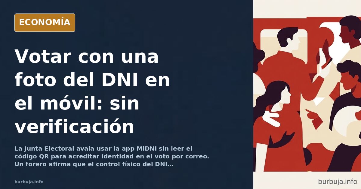 Ilustración editorial de un teléfono móvil mostrando un DNI digital junto a una urna electoral en tonos azul marino y dorado
