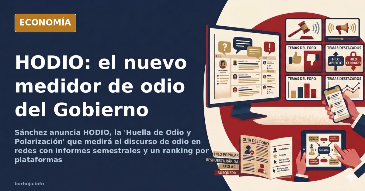 Ilustración editorial de un panel de control institucional con gráficas de discurso de odio en redes sociales y un sello de m