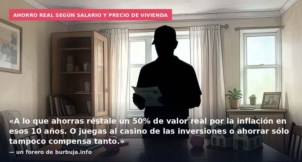 Ahorro real según salario y precio de vivienda: «A lo que ahorras réstale un 50% de valor real por la inflación en esos 10 años. O juegas al casino de las inversiones o ahorrar sólo tampoco compensa tanto.» — un forero de burbuja.info