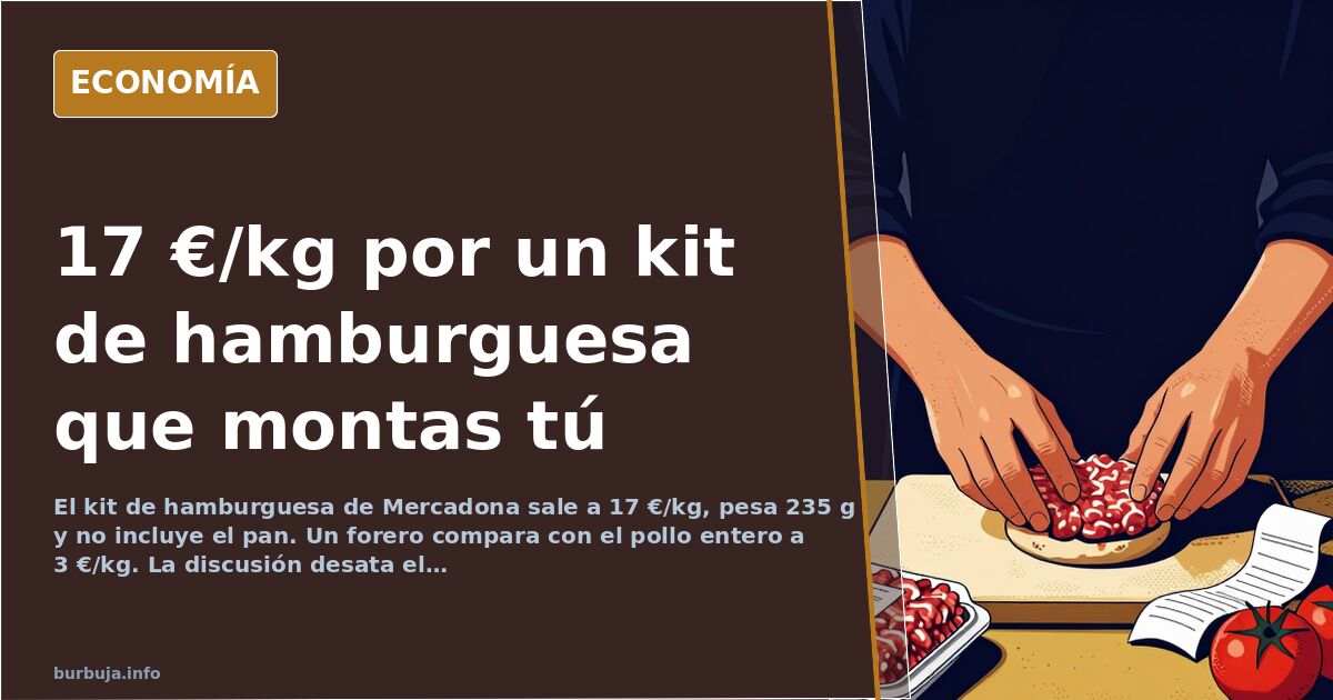 Envase de kit de hamburguesa en supermercado con carne picada, panceta y sobre de salsa, junto a etiqueta de precio