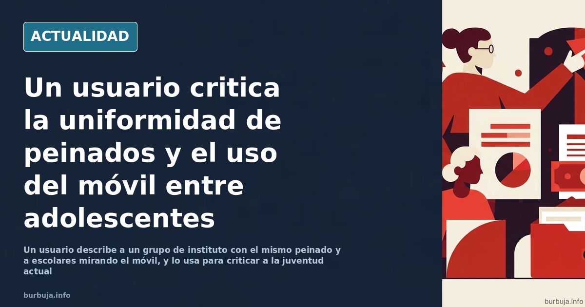 Grupo de adolescentes sentados en un bordillo con el mismo corte de pelo y móviles en la mano en una plaza
