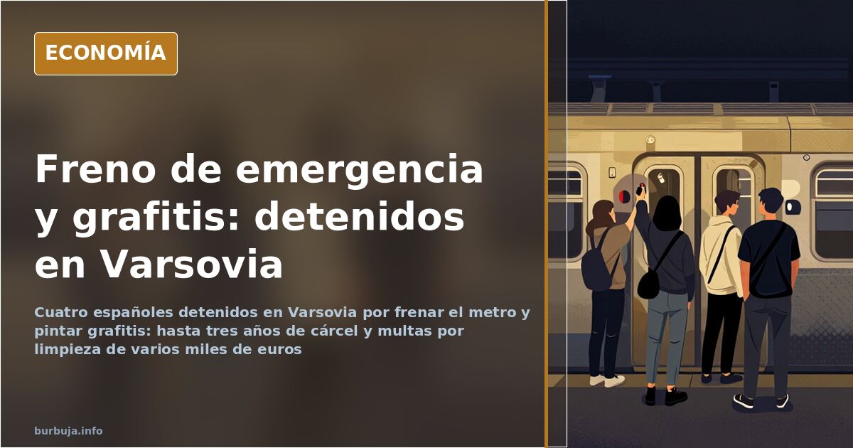 Interior de una estación de metro de Varsovia con un tren parado y grafitis en los vagones tras el freno de emergencia