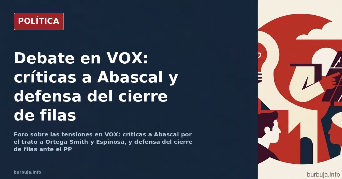 Ilustración editorial de dos líderes políticos de VOX enfrentados ante un atril parlamentario con banderas de España