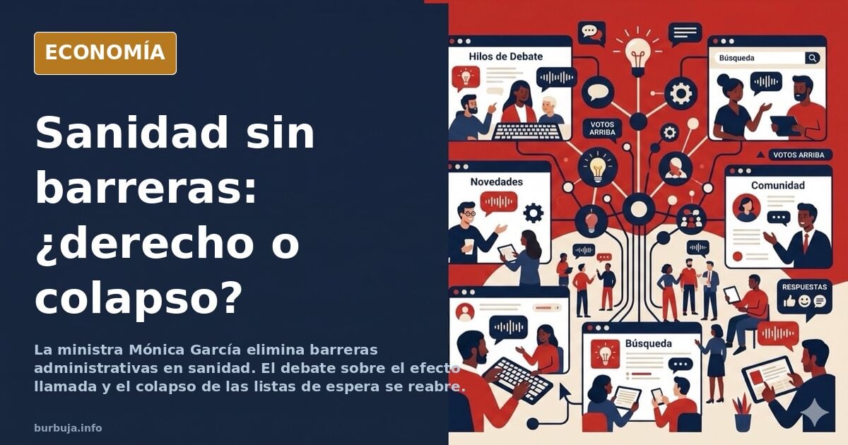 Ilustración editorial de una sala de espera de hospital con una larga cola de personas y un cartel de acceso universal