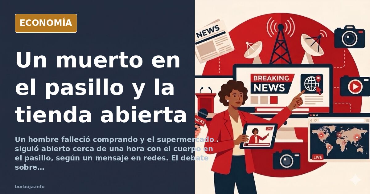 Pasillo de supermercado con carros de compra y una zona acordonada al fondo, ilustración editorial en azul marino y dorado