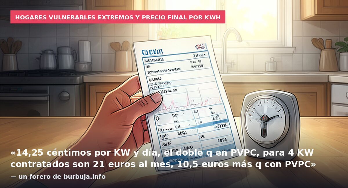Hogares vulnerables extremos y precio final por kWh: «14,25 céntimos por KW y día, el doble q en PVPC, para 4 KW contratados son 21 euros al mes, 10,5 euros más q con PVPC» — un forero de burbuja.info