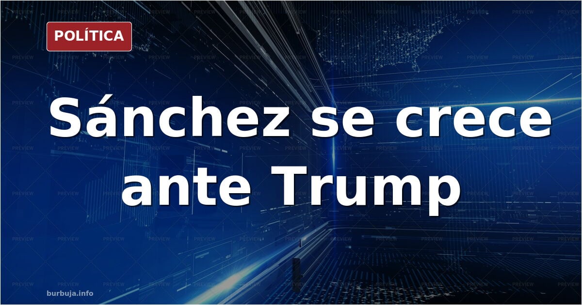 Caricatura editorial de Pedro Sánchez en un podio con banderas de España y la UE, gesticulando ante un Trump ausente