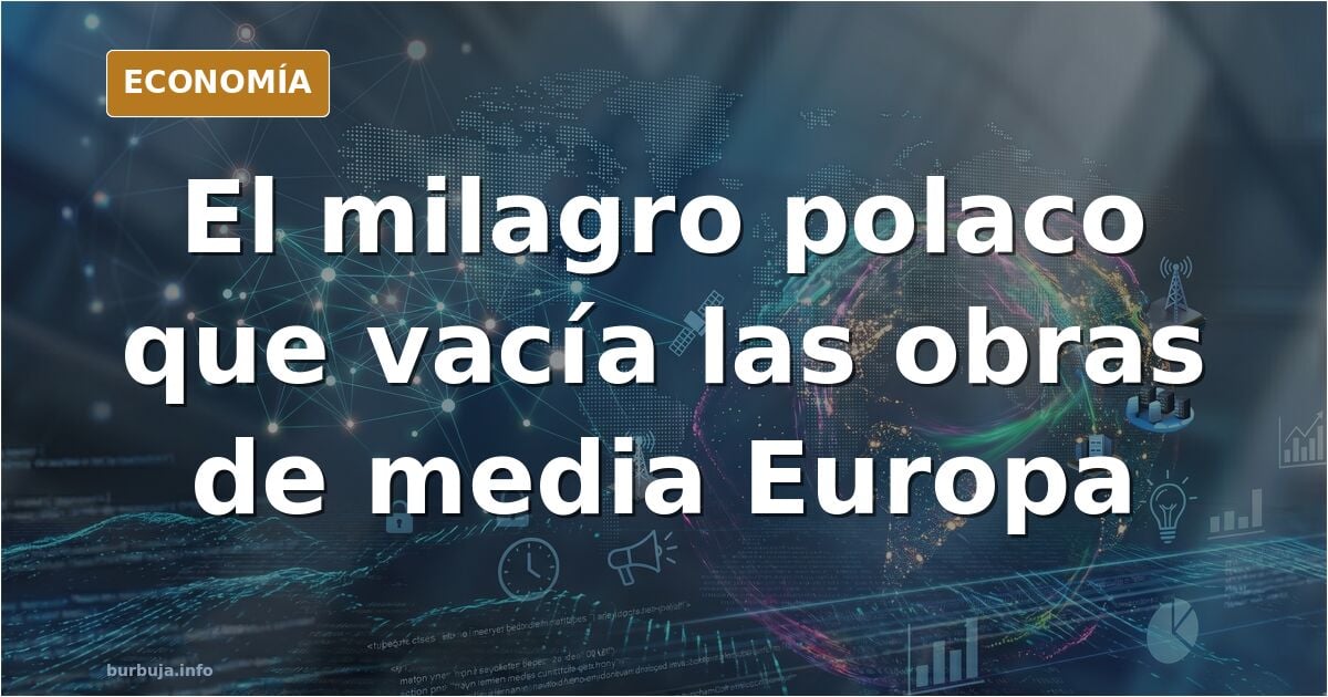 Maleta abierta sobre un mapa de Europa con una flecha dorada apuntando desde las islas británicas hacia Polonia, en tonos azu