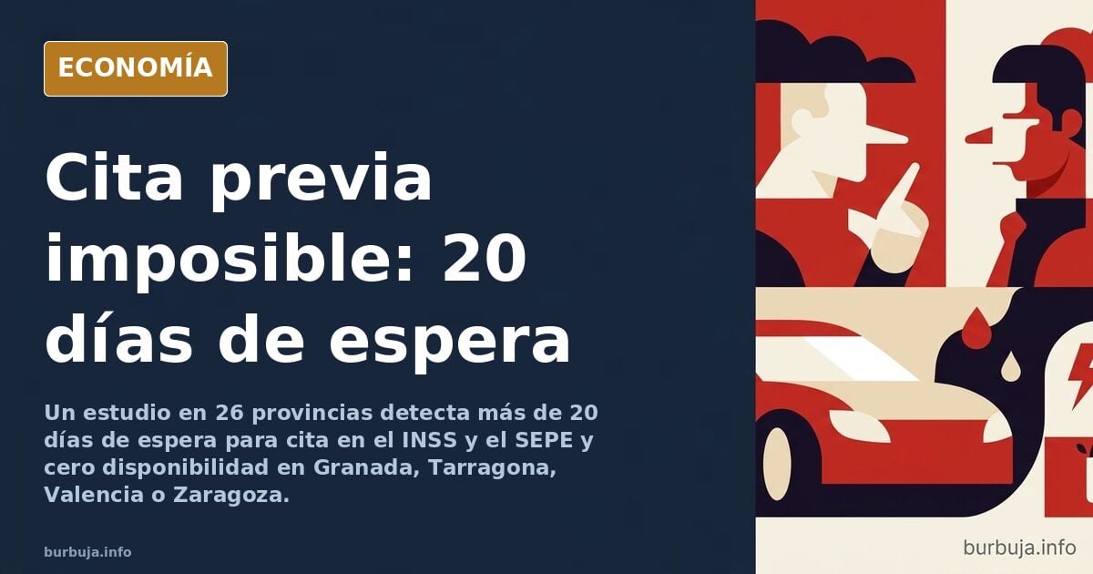 Ilustración editorial de una sala de espera de oficina pública con mostrador vacío y sillas ocupadas por ciudadanos aguardand