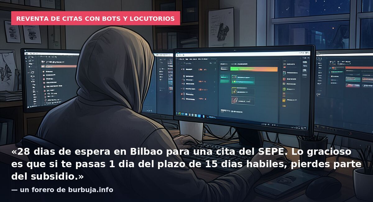 Reventa de citas con bots y locutorios: «28 dias de espera en Bilbao para una cita del SEPE. Lo gracioso es que si te pasas 1 dia del plazo de 15 dias habiles, pierdes parte del subsidio.» — un forero de burbuja.info
