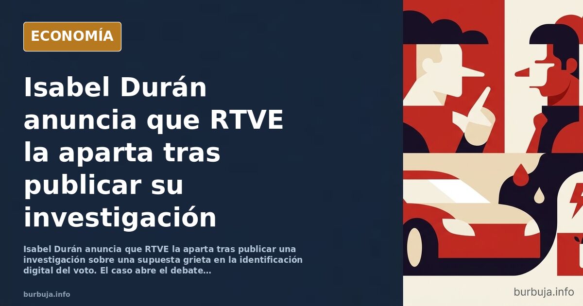 Ilustración editorial de una urna electoral con una pantalla digital agrietada y una tarjeta de identificación sobre fondo az
