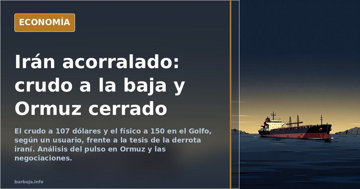 Ilustración editorial de un buque petrolero cruzando el estrecho de Ormuz con gráfico de crudo a la baja en tonos azul marino