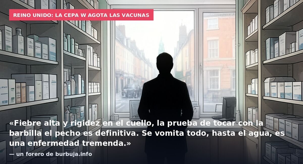 Reino Unido: la cepa W agota las vacunas: «Fiebre alta y rigidez en el cuello, la prueba de tocar con la barbilla el pecho es definitiva. Se vomita todo, hasta el agua, es una enfermedad tremenda.» — un forero de burbuja.info