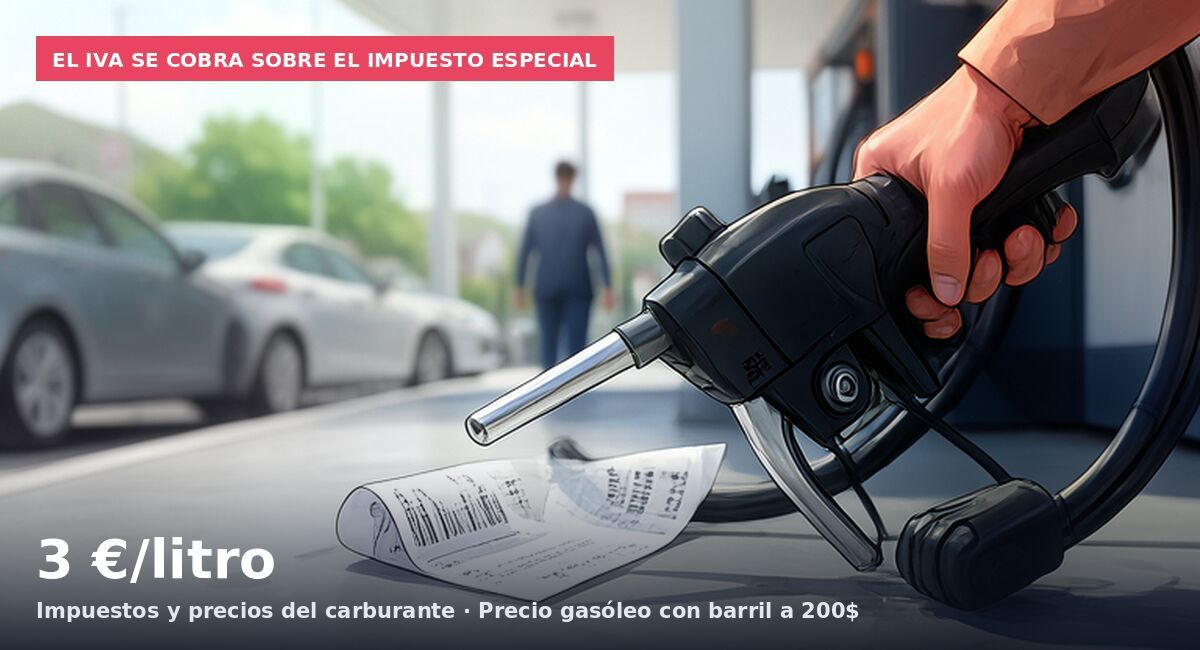 El IVA se cobra sobre el impuesto especial: 3 €/litro Impuestos y precios del carburante · Precio gasóleo con barril a 200$