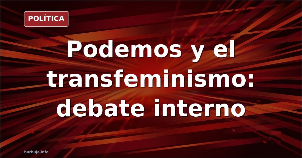 Ilustración editorial de un atril político con banderas rojas y moradas, símbolo del debate sobre transfeminismo en Podemos