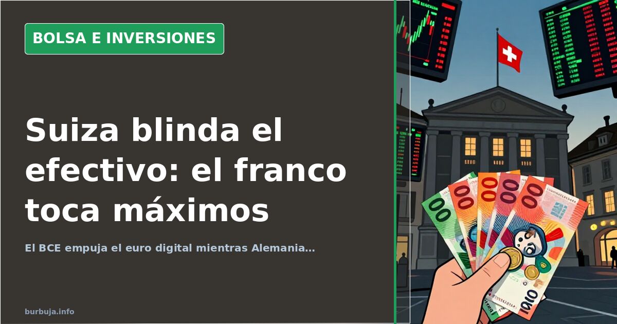 Billetes y monedas de euro y franco suizo sobre una pantalla de cotizaciones con el franco en máximos frente al euro