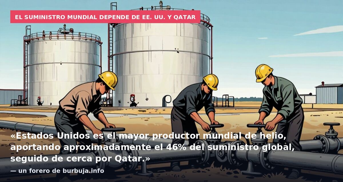 El suministro mundial depende de EE. UU. y Qatar: «Estados Unidos es el mayor productor mundial de helio, aportando aproximadamente el 46% del suministro global, seguido de cerca por Qatar.» — un forero de burbuja.info