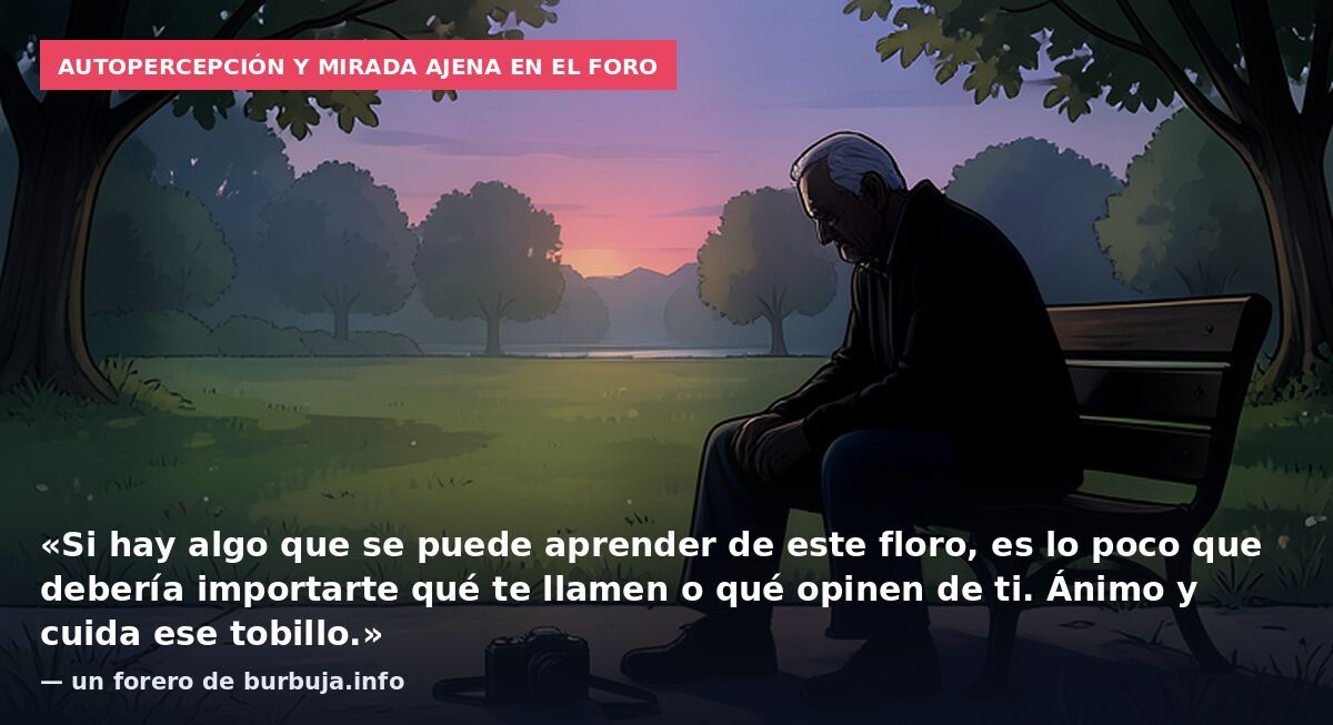 Autopercepción y mirada ajena en el foro: «Si hay algo que se puede aprender de este floro, es lo poco que debería importarte qué te llamen o qué opinen de ti. Ánimo y cuida ese tobillo.» — un forero de burbuja.info