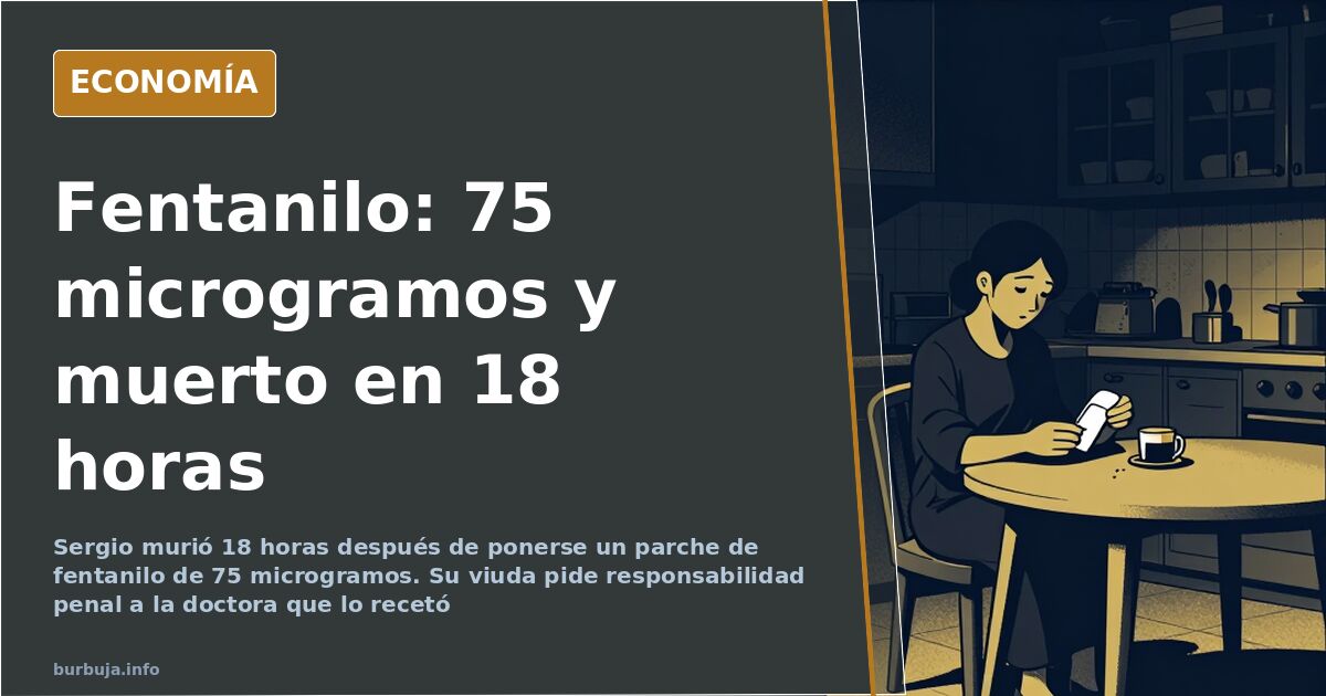 Ilustración editorial de una caja de parches de fentanilo y una muñeca con un parche, sobre fondo azul marino y dorado