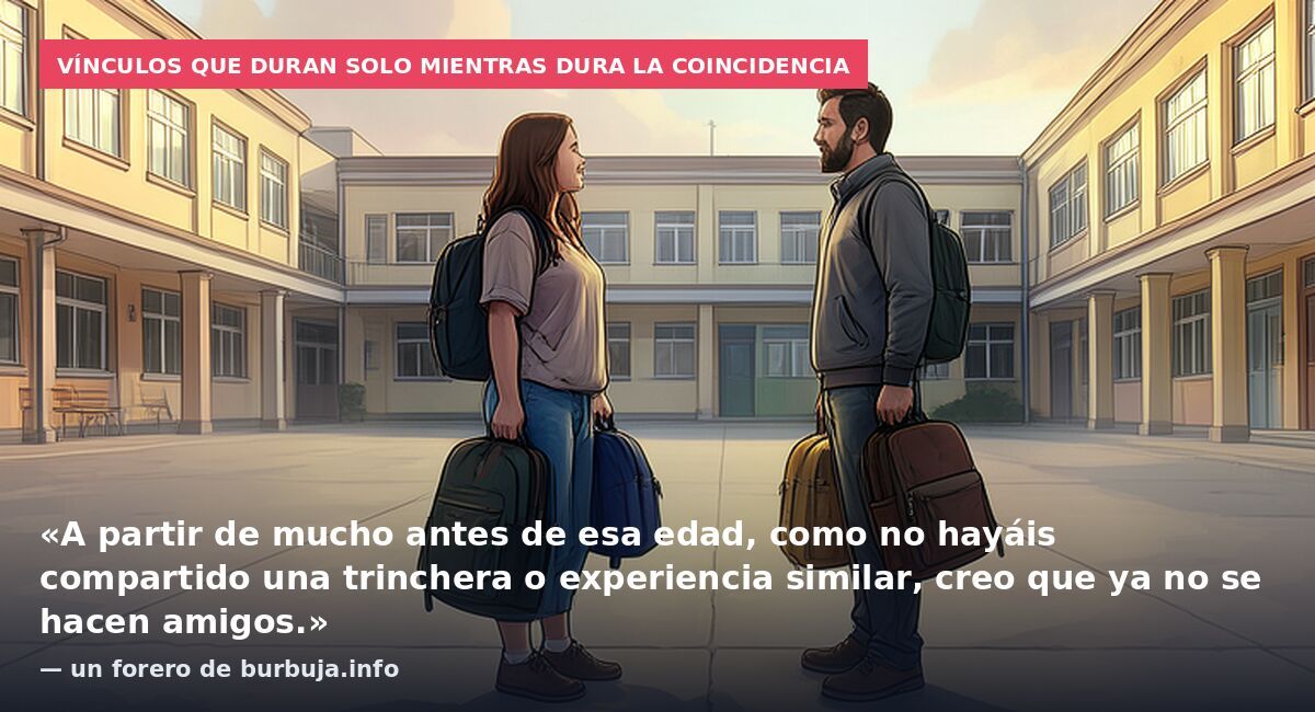 Vínculos que duran solo mientras dura la coincidencia: «A partir de mucho antes de esa edad, como no hayáis compartido una trinchera o experiencia similar, creo que ya no se hacen amigos.» — un forero de burbuja.info