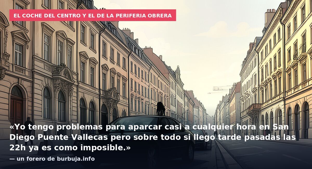 El coche del centro y el de la periferia obrera: «Yo tengo problemas para aparcar casi a cualquier hora en San Diego Puente Vallecas pero sobre todo si llego tarde pasadas las 22h ya es como imposible.» — un forero de burbuja.info
