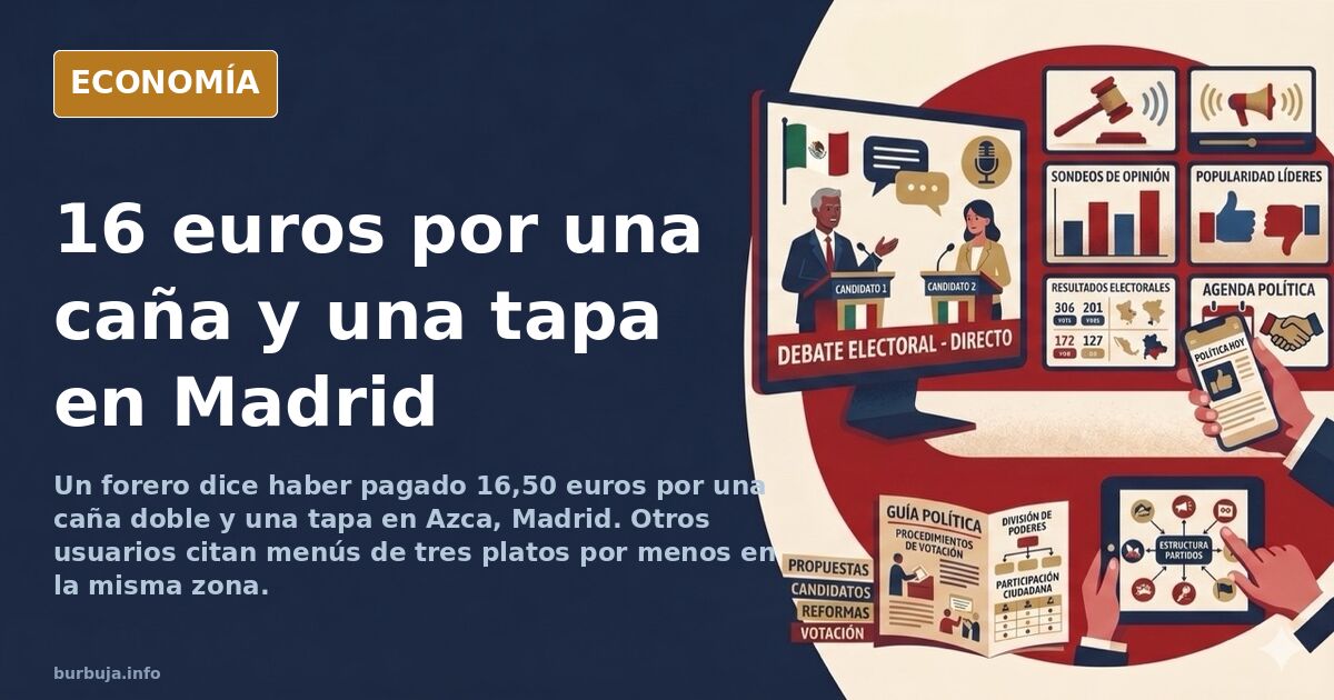Interior de un bar de tapas en Madrid con una caña doble y una tapa sobre la barra, precios elevados en la pizarra