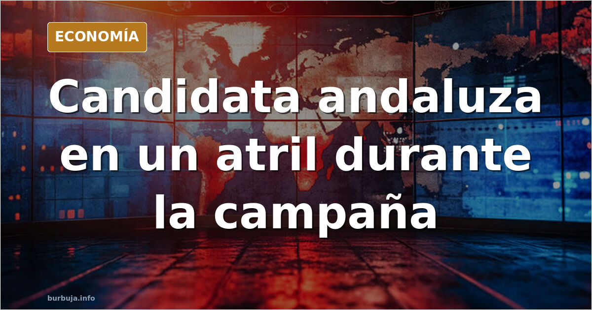 Ilustración editorial de una candidata política en un atril durante la campaña electoral andaluza, con gesto desafiante y fon