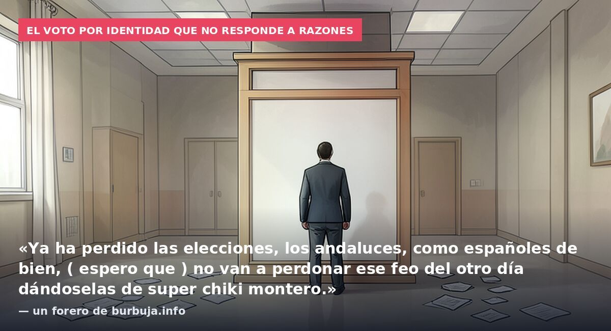 El voto por identidad que no responde a razones: «Ya ha perdido las elecciones, los andaluces, como españoles de bien, ( espero que ) no van a perdonar ese feo del otro día dándoselas de super chiki montero.» — un forero de burbuja.info