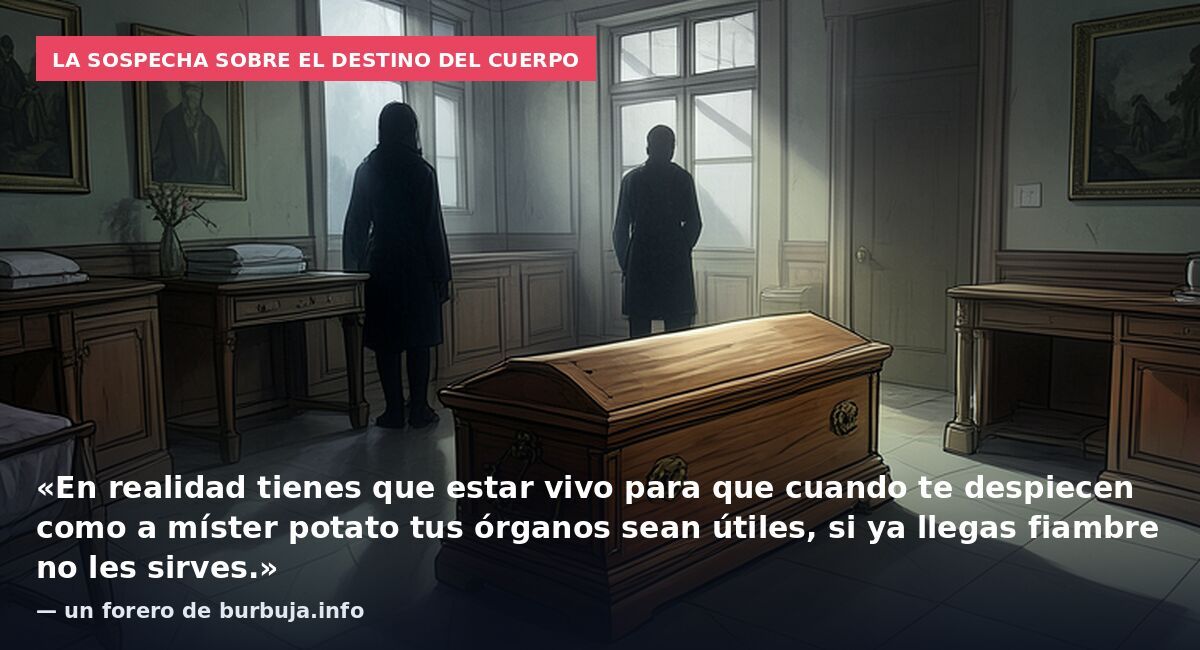 La sospecha sobre el destino del cuerpo: «En realidad tienes que estar vivo para que cuando te despiecen como a míster potato tus órganos sean útiles, si ya llegas fiambre no les sirves.» — un forero de burbuja.info