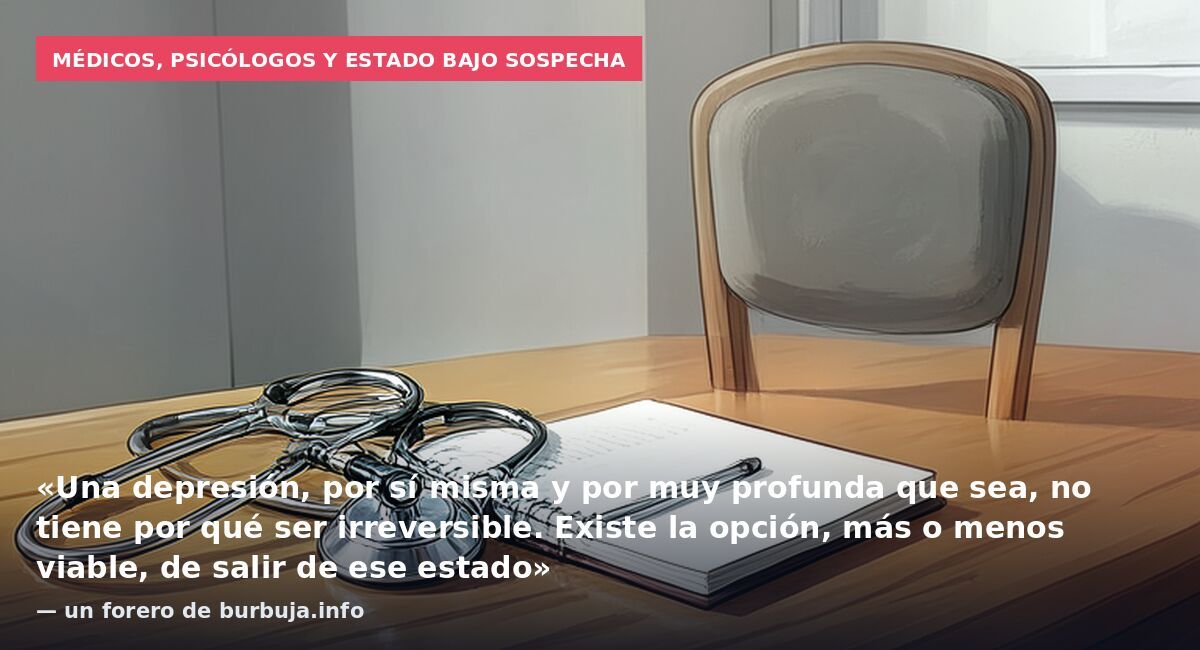Médicos, psicólogos y Estado bajo sospecha: «Una depresión, por sí misma y por muy profunda que sea, no tiene por qué ser irreversible. Existe la opción, más o menos viable, de salir de ese estado» — un forero de burbuja.info