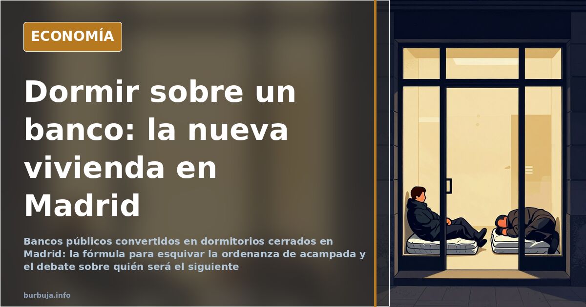 Banco de parque cubierto por una estructura de tela que oculta el asiento en una calle de Madrid