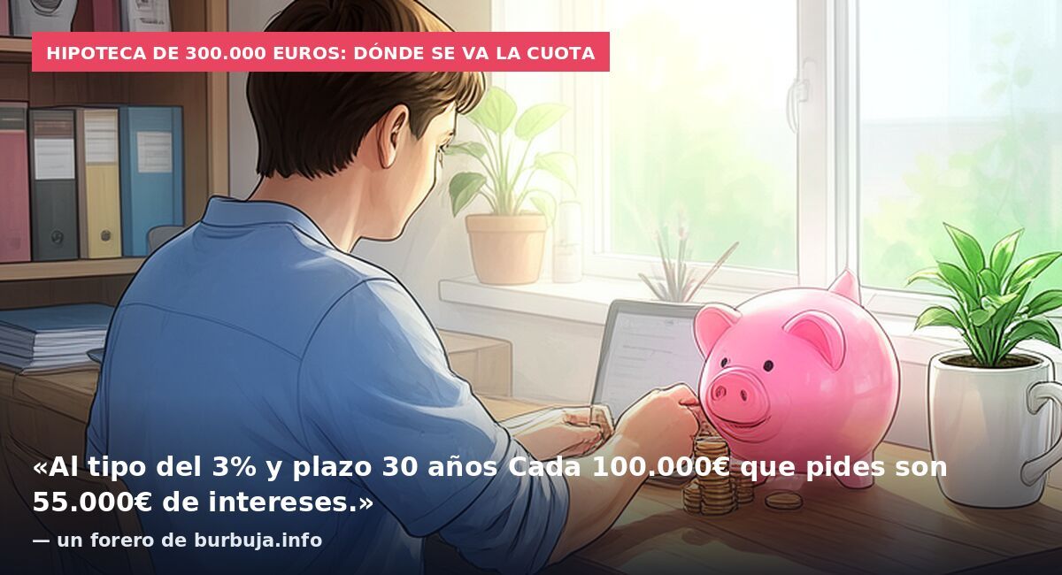 Hipoteca de 300.000 euros: dónde se va la cuota: «Al tipo del 3% y plazo 30 años Cada 100.000€ que pides son 55.000€ de intereses.» — un forero de burbuja.info