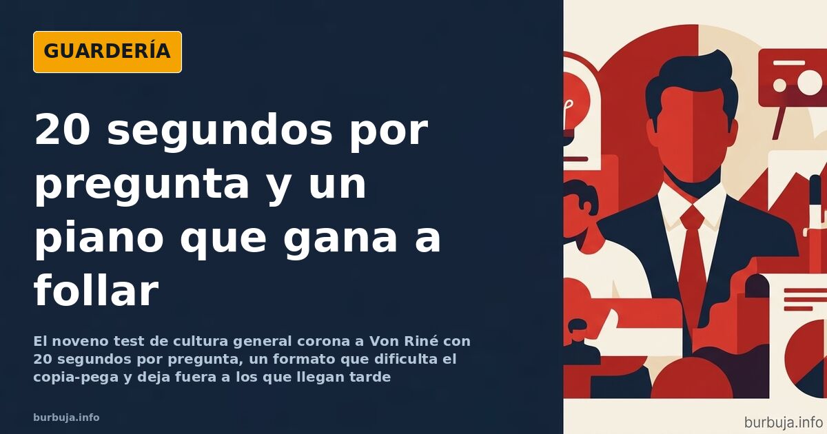 Ilustración de un test de cultura general con reloj de cuenta atrás de 20 segundos y participantes respondiendo preguntas