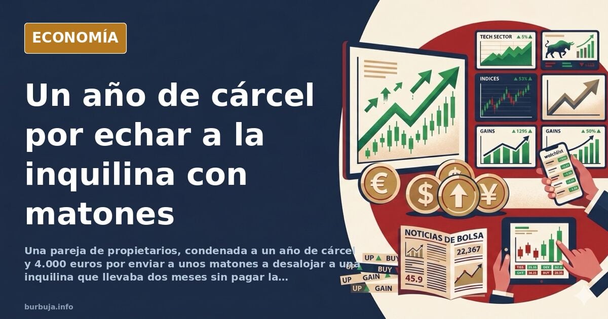 Ilustración editorial de un edificio de viviendas con una puerta entreabierta y una balanza de la justicia inclinada sobre el