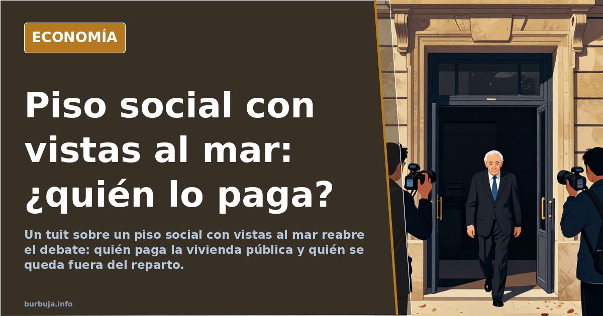 Ilustración editorial de un edificio de vivienda pública frente al mar con una cola de personas esperando turno
