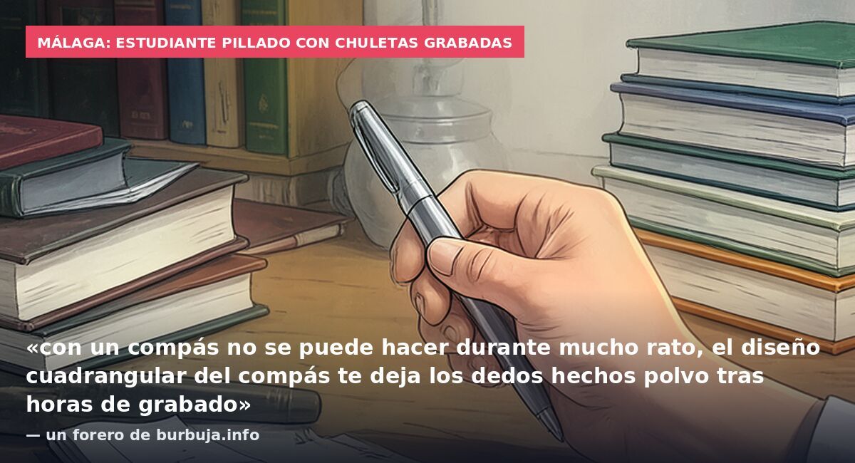 Málaga: estudiante pillado con chuletas grabadas: «con un compás no se puede hacer durante mucho rato, el diseño cuadrangular del compás te deja los dedos hechos polvo tras horas de grabado» — un forero de burbuja.info