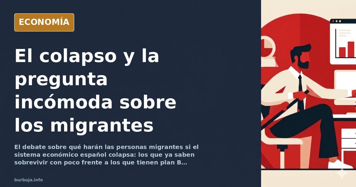 Ilustración editorial de una ciudad en colapso económico con siluetas de personas migrantes y autóctonas frente a un horizont