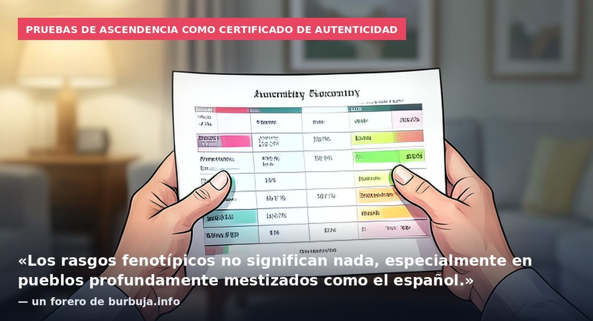 Pruebas de ascendencia como certificado de autenticidad: «Los rasgos fenotípicos no significan nada, especialmente en pueblos profundamente mestizados como el español.» — un forero de burbuja.info