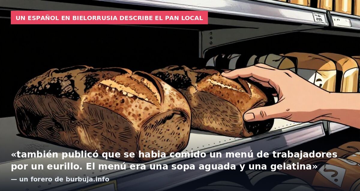 Un español en Bielorrusia describe el pan local: «también publicó que se habia comido un menú de trabajadores por un eurillo. El menú era una sopa aguada y una gelatina» — un forero de burbuja.info