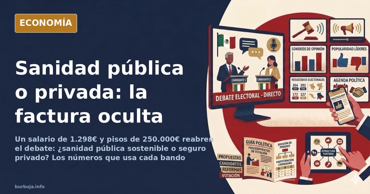 Ilustración editorial de una balanza con una tarjeta sanitaria y una factura médica sobre fondo azul marino y dorado