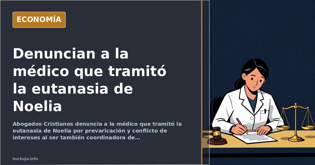Ilustración editorial de una balanza de la justicia con un estetoscopio y una hoja de solicitud de eutanasia sobre fondo azul